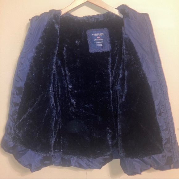 U.S. Polo Assn Puffer Jacket Hooded Women’s XL Navy Faux Fur Lining - Picture 3 of 9